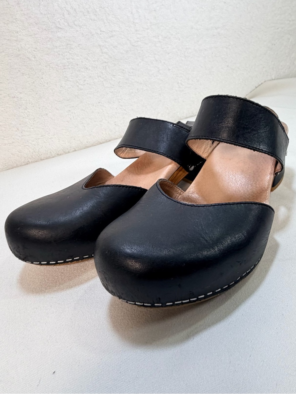 Dansko Size 40 Black Leather Mary Jane Clog Sandals Wood Look Block Heel 9.5
